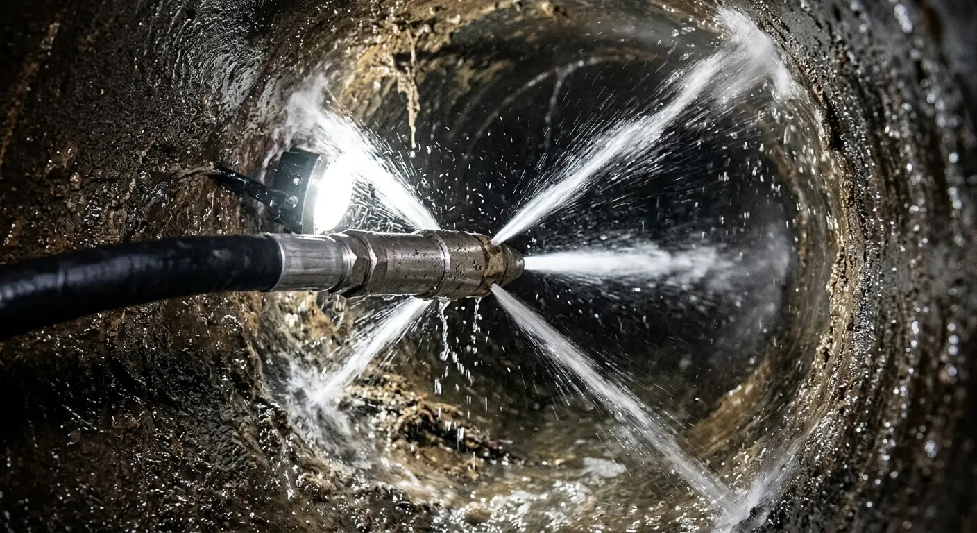 High-pressure hydro jetting nozzle cleaning sewer pipe for Trenchless Sewer Repair in Rockmart