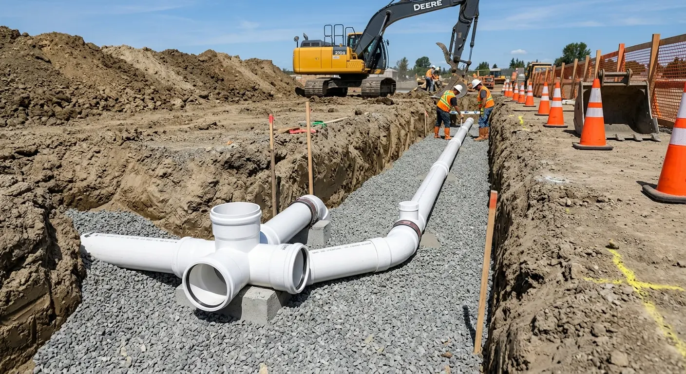 New PVC sewer pipe installation in open trench for Commercial Drain Cleaning in Rockmart