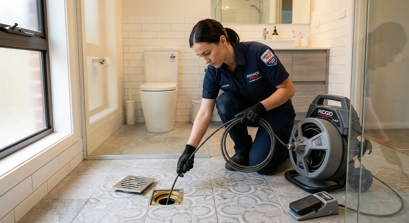 Technician clearing a bathroom floor drain for Clogged Drain Repair in Rockmart